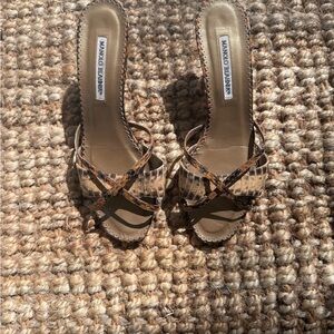 Manolo Blahnik Tan and Black Strappy Heels